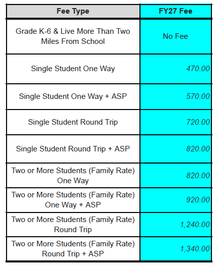 A table titled Fee Type and FY27 Fee outlines various school transportation costs.